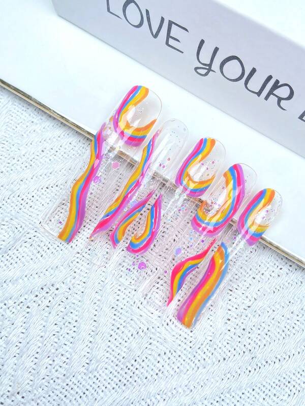 10 szt. Y2K, bardzo długie, francuskie paznokcie prasowane, pełne pokrycie, sztuczne paznokcie, ręcznie robione, idealne na wesela, imprezy, walentynki, urodziny, prezenty świąteczne, idealnie dopasowane, wielokrotnego użytku, 1 szt. żel żelowy/1 szt. mini paski polerujące, odpinany zestaw do zdobienia paznokci, odpowiednie dla kobiet i dziewcząt na imprezy świąteczne i do codziennego użytku, produkty do paznokci