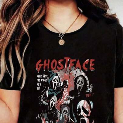 Camiseta clásica de Halloween Ghostface Scream Mask, informal, cómoda, informal, cómoda, informal, vintage, deportiva, para niñas, Bella, informal, con estampado digital, 220 g, 100 % algodón puro y pesado.220 g T-Shirt Unisex de Moda – Corte Moderno y Material Fresco blusas elegantes dama mujer premium disfraz halloween navidad blusas para dama casuales