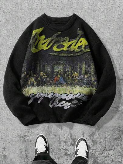 1 pièce Pull à manches longues imprimé de peinture à l'huile française style de rue délavé pour garçons préadolescents, pull ample à col rond casual, polyvalent pour le printemps, l'automne et l'hiver