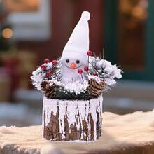 Christmas Snowman Figurine With Burlap Hat And Festive Accents Unique Christmas Ornament In Tree Stump Tabletop Decor - Trắng tinh khiết - Xem 5