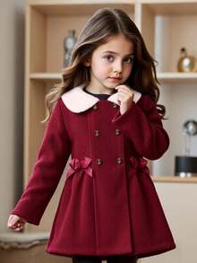 Girls' Elegantbowknott Design Knitted Cardigan With Fur Collar, Stylish Outdoor Party Wear (Beret Hat Not Included) - Burgundy - View 3