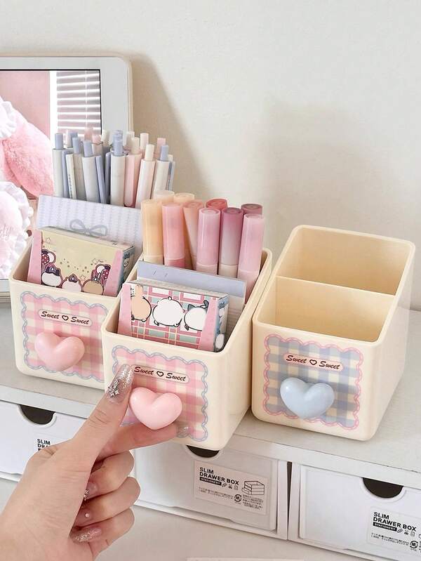 1pc 2-Grid Desktop Pen Holder, Portapenne, Makeup Brush Holder, Vanity Desk Organizer For Cosmetic Products, Lipstick & Pens, Simple And Stylish Multifunctional Storage Box For Office And Student's Desk Back To School