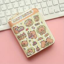 Kapibara Printed Compact Wallet - High-Quality Faux Leather, Lightweight With ID Window And Coin Pocket, Fade-Resistant Design, Double-Layer Folding Zipper Compartment Suitable For Daily Essentials (Brown), Compact Coin Wallet| Fun Accessories| Durable Zipper Wallet, Small Bag And Wallet Combination - Capybara Pastry Series - View 14