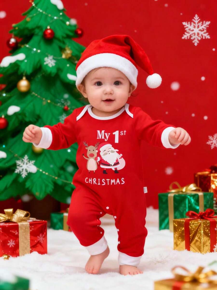 2件套/组 宝宝第一个圣诞节圣诞老人驯鹿连体衣+圣诞帽，长袖连体衣套装 - 紅色 - 查看 1