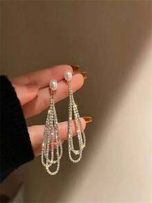 1pair Long Waterdrop Shaped Rhinestone Decor Tassel Earrings With Faux Pearl Detail, Fashionable & Elegant Jewelry - 金色 - 查看 8