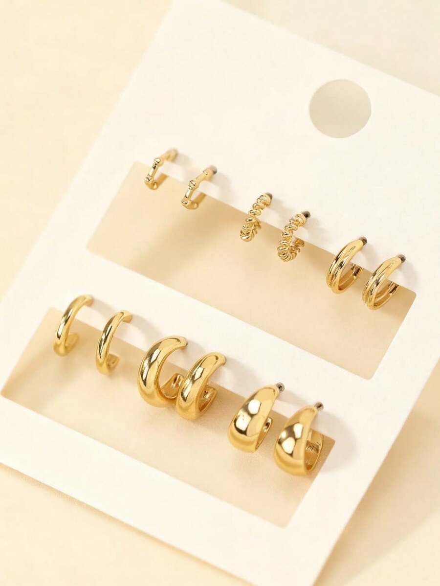 6 Pair C Shape Metal Textured Premium Ear Hoops Set Vintage Twist Design Earrings Collection Adjustable Stackable Jewelry Hypoallergenic Waterproof Fade Resistant Spiritual Protection Positive Energy Elegant Sexy Glamorous Luxury Bohemian Retro Style Everyday Wear Party Wedding Festival Beach Holiday Gift For Friends Family Couples - 金色 - 查看 1