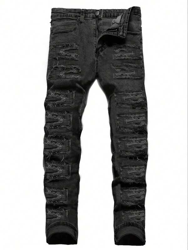 Men's Fashion Fringe Decor Elastic Slim Fit Denim Jeans, Emo Style