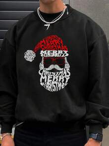 K-GLORY 男士休闲街头风圣诞老人英文标语印花圆领套头卫衣，秋冬款 - 黑色 - 查看 2