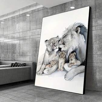 1 pieza Impresión de arte de lienzo sin marco de familia de leones - Póster de pintura abstracta moderna de animales para decoración de dormitorio y sala de estar, sin marco 50x70cm/19.68x27.55 pulgadas