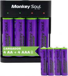 Monkey Soul Cargador de Batería Recargable AA y AAA, con Entrada USB-C, Indicadores Led, Pack 4 AA y 4 AAA Pila Recargable Alta Calidad - Tipo de Enchufe A Japonés (100V) - Ver 1