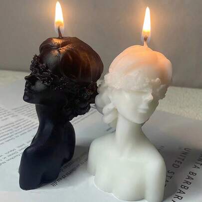 1pc Blindfolded Girl Silhouette Scented Candle, White & Black Candle Holder With Bun Hairstyle, Creative Home Decor, Birthday/Gift Candle
