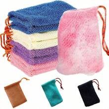 1 件装多色可重复使用去角质香皂收纳袋、带抽绳的网状尼龙香皂收纳袋、用于起泡的打结沐浴香皂袋、身体磨砂膏、背部磨砂膏，用于去除角质污垢和死皮、个人护理身体清洁工具、浴室小工具、浴室装饰、浴室配件、沐浴刷、海绵和浴巾