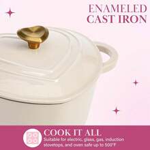 NEW-Enameled Cast Iron Dutch Oven Heart-Shaped Pot With Lid, Dual Handles, Works On All Stovetops, Oven  To 500°F, 2-Quart, Pink - Kem - Xem 4