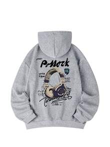 女士秋冬新款极简手绘耳机及艺术文字图案印花休闲套头连帽卫衣，百搭时尚 - 深花灰 - 查看 11