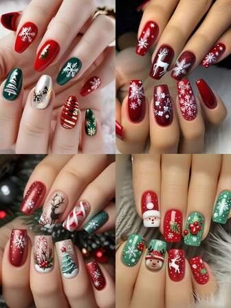 96pcs Four-Set Combination Set, New Christmas Limited Edition Detachable Artificial Nails, Classic Red And Green Color Combination, With Festive Elements Such As Santa Claus, Christmas Tree And Snowflakes, Easily Create A Christmas Atmosphere