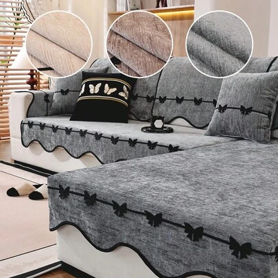 1pc Wavy Hem Solid Color Chenille Sofa Cover,Bowknott Decor Sofa Cushion, Minimalist Modern Style, Suitable For Bedroom, Living Room, Office Home Decor, Fits Single, Loveseat, 3-Seater, 4-Seater And Sectional Sofas