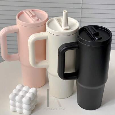 ELEGANTALCOVE 30盎司防漏保温杯，带手柄和可折叠吸管，双层真空隔热，冷热饮皆宜，简约旅行杯