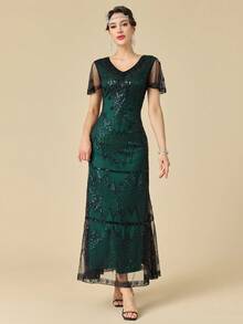 Women's Flapper Dress 1920s V-Neck Evening Gown Sequin Beaded Long Dress For Wedding