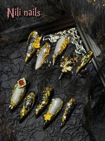 Uttryck din kärlek med 10 st. charmiga handgjorda vinternaglar, stiletto, svarta silver kattögon, europeisk stil, hel täckande akryl lösnaglar, set med eleganta glänsande silvermetallmönster med 3D-stjärnor, rosett och blommor, hel täckande akryl press-on naglar, vinterkit för kvinnor och flickor, festbruk, 1 st. mini nagelfil och 1 ark självhäftande flikar. NailSupplies Nails