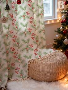 Bubaba 1 pieza Cortina con borlas estilo bohemio en beige, con estampado de hojas verdes y bayas rojas, simple y natural para dormitorio, sala de estar, cocina, hotel, restaurante, adecuada para decoración navideña y de vacaciones
