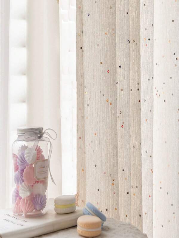 1 Stück glänzender, farbenfroher Pailletten-Vorhang mit französischen Creme-Streifen, eleganter transparenter Voile-Vorhang, Ösen-Oberkante, geeignet für Schlafzimmer, funkelnde Pailletten glitzern im Sonnenlicht, subtile Luxus, Boho-Stil Wohnzimmer Vorhang