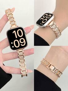 1条女士闪亮水钻金属表带，兼容 38mm/40mm/41mm/42mm/44mm/45mm/49mm，兼容三星Galaxy Watch S10/S9/S8， Fit 4/Fit 3，Redmi Watch 5/4，小米手环9Pro/8Pro，可调节表带 - 滿鑽-玫金 - 查看 12