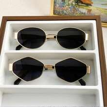 2 piezas Gafas de moda para mujer con marco de metal ovalado, nuevas gafas decorativas con estilo callejero poligonal Y2K - M12 dorado gris 1 par M12-2 dorado gris 1 par - Ver 7