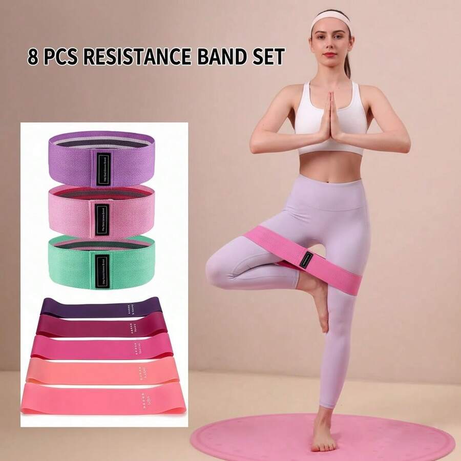 Set de 8 bandas de resistencia elásticas de alta elasticidad para tonificar los glúteos - Bandas de fitness para sentadillas y yoga unisex para entrenamiento de fuerza en el hogar (hombres y mujeres)