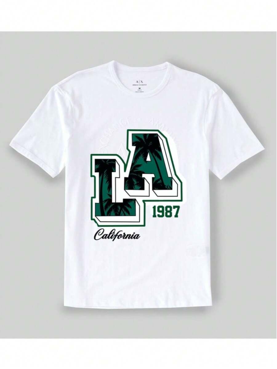 Estampado camiseta de hombre, manga corta de dibujo animado "Los Ángeles" verano cuello redondo casual - Negro - Ver 1