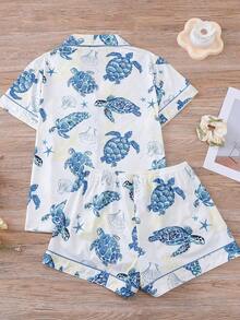 2-Piece Set - Women's Blue Sea Turtle Starfish Printed Short Sleeved Shorts Sleepwear Set, Knitted Fabric Soft And Skin Friendly, Suitable For Casual And Fashionable Home Wear In All Seasons, Loose And Comfortable Casual Wear, Suitable For Sleepwear Parties, Daily Home, Family - 白色 - 查看 3