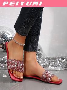 PEIYUMI Sandales d'été confortables à talon bas épais, décorées de perles et de strass, pour femmes en grande taille. Sandales de plage décontractées - Rouge - Voir 5