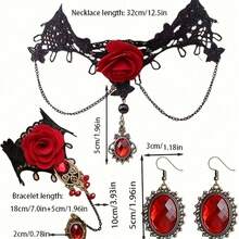 New Lace Necklace, Rose Flower Gemstone Pendant, Sweater Chain, Women Bracelet, Earrings Accessory Set - Multicolor - View 8