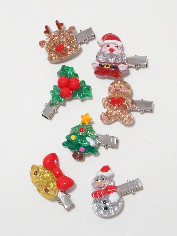 Set de 7 pinzas para el cabello navideñas, que incluyen Papá Noel, reno, campana, árbol de Navidad, muñeco de nieve, hombre de jengibre, accesorios para el cabello de media pinza