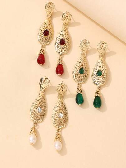 1 Pair Natural Gemstone Pendant Earrings, Luxurious Noble Style, Water Drop Shape, Dignified Retro, Middle Eastern Bride Wedding Party Earrings, Women's Holiday Gift, Fashion Accessory