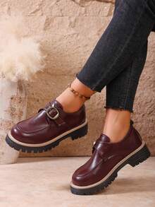 Pantofi sport Mary Jane din piele PU, cu toc gros, culoare uni, stil business, stil preppy, student, stil punk, birou/școală - Burgundia - Vizualizare 4