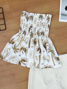 Women's Two Piece Set, Strapless Printed Top And Plain Shorts, Casual Summer Outfit - 杏色 - 查看 2