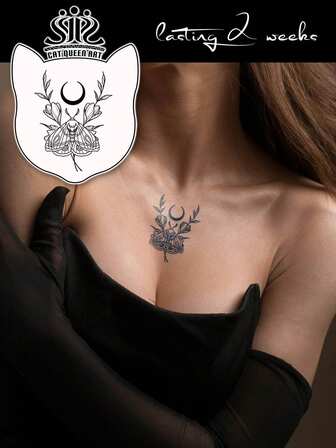 果汁纹身，含天然植物成分，半永久纹身，极简纹身贴纸，自然艺术蛾，新月叶图案，临时假纹身，适合肩膀、颈部、锁骨、手腕、脚踝DIY，日常派对、节日礼物，1-2周的身体装饰，不褪色、不反光、防水、逼真纹身贴纸，1包