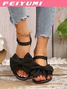 PEIYUMI Women's Summer Sandals, Elegant Bow Decoration, Comfortable Thick Mid-Low Heels, Stretchy Elastic Design For Easy Wearing, Suitable For Beach, Casual Gathering Etc. - Black - View 4