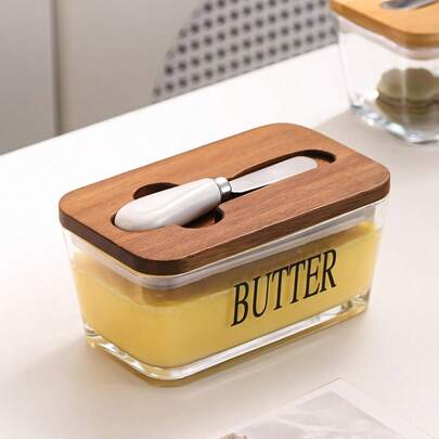 1 Set Glass Butter Dish With Wood Lid, Clear Glass Box Thick Glass Butter Keeper Storage Box For Home Kitchen, Large Butter Container Snack Cookie Saver|Elegant Kitchenware|Glass Butter Dish, Butter Dish
