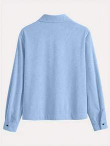 女士灯芯绒纽扣衬衫宽松休闲长袖时尚开衫外套 2025 秋季超大款衬衫上衣带口袋春季 - 淺藍色 - 查看 4