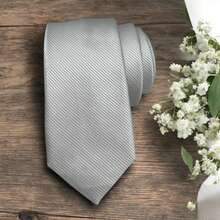 Solid Color Striped Men's Tie With Quality Texture, A Must-Have For Weddings, Business And Formal Occasions - Silver - View 2