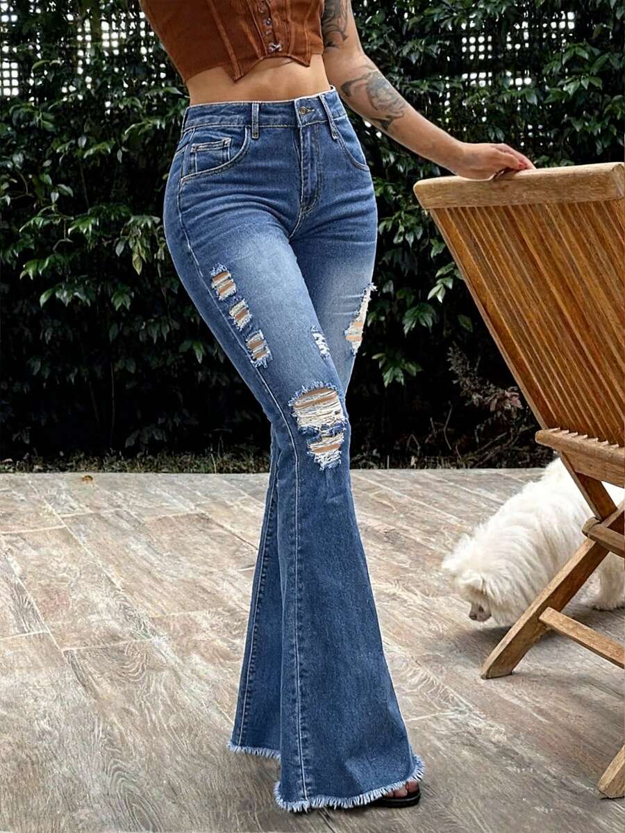 Women's Mid-Raise Stretch Slim Fit Ripped Raw Hem Flared Jeans - Medium Wash - View 1