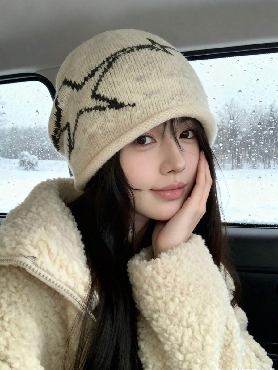 1 pièce Chapeau en laine étoilé, chapeau tricoté élégant et chaud, convenant à un usage quotidien, chapeau de protection des oreilles, chapeau pour froid