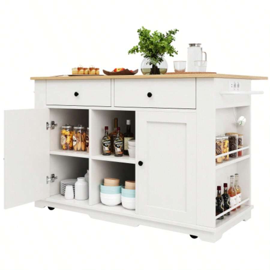 Ilha de cozinha, carrinho de cozinha equipado com filtro de linha, armário de cozinha, carrinho de serviço com bancada, armário de buffet, carrinho de jantar com textura de madeira, armário de buffet, branco