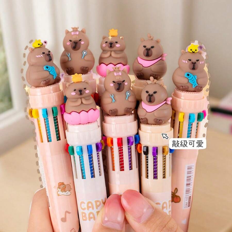 Capy-Bara- Cartoon 10-Colored Round Tip Pens For Creative Note-Taking, Pressurized Design, Multifunctional For Elementary Students - Random Colors and Styles - View 1