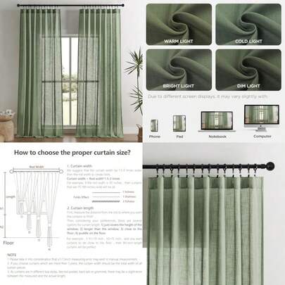 Joydeco Juego de 2 paneles de cortinas de lino de 96 pulgadas de largo, color marfil para sala de estar, cortinas de 96 pulgadas de largo, cortinas de 96 pulgadas de largo, cortinas filtrantes de luz(132.1An x 182.9Al cm (2 Paneles) Loden)