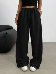 1件装少女休闲纯色宽松直筒裤，适合街头穿搭、户外运动等多种场合。 - 黑色 - 查看 5