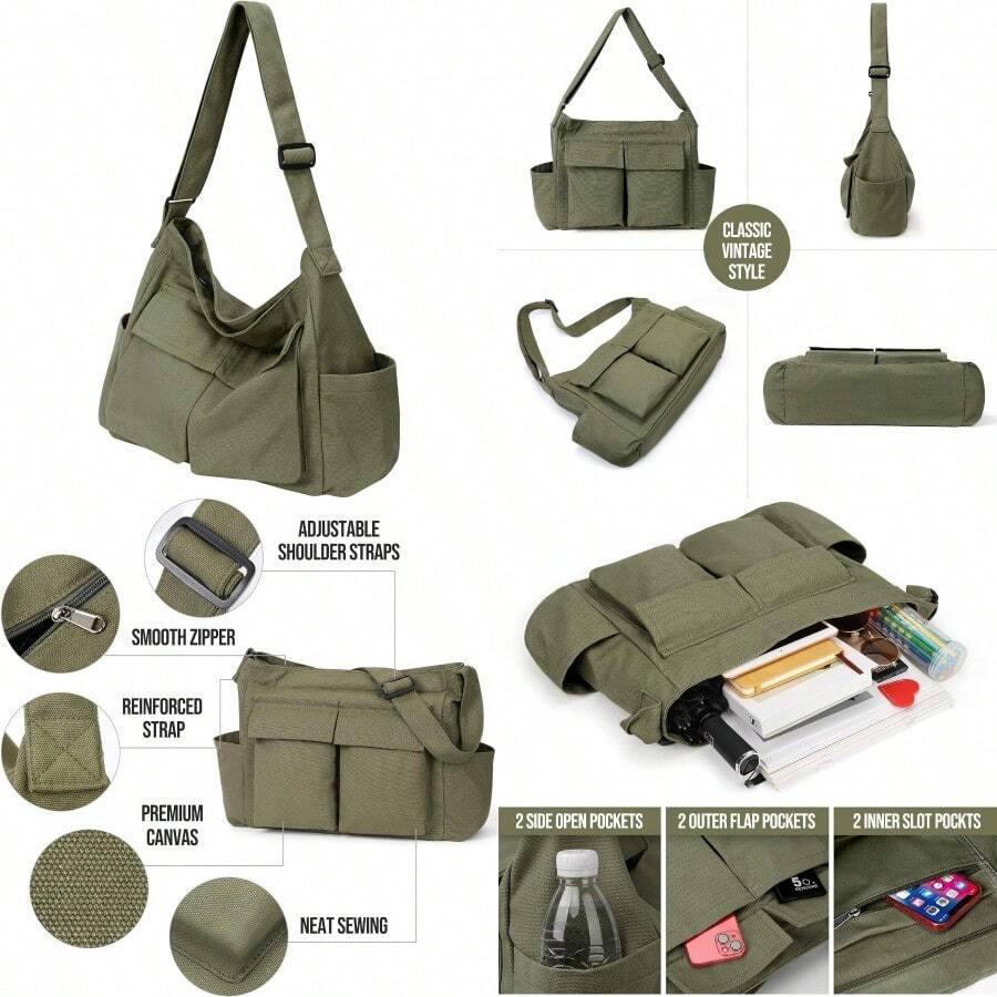Canvas Messenger Bag Hobo Shoulder Bag Crossbody Bag With Multiple Pockets Large Tote Bag Handbag For Women Men - 軍綠色 - 查看 1