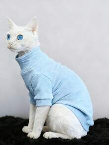 New Autumn/Winter Soft Stand Collar Solid Color Ribbed Two-Leg Shirt For Small/Medium Cats & Dogs - Blue - View 13