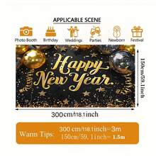 قطعة واحدة من خلفية احتفال رأس السنة الجديدة اللامعة بالأسود والذهبي - لافتة عيد رأس السنة السعيد الملونة مع النجوم، طباعة أحادية الجانب، مناسبة لأكشاك التصوير والغرف المعيشية والديكورات الخارجية واحتفالات المهرجانات وحفلات ليلة رأس السنة الجديدة، متوفرة بأحجام متعددة - متعدد الألوان - مشاهدة 11